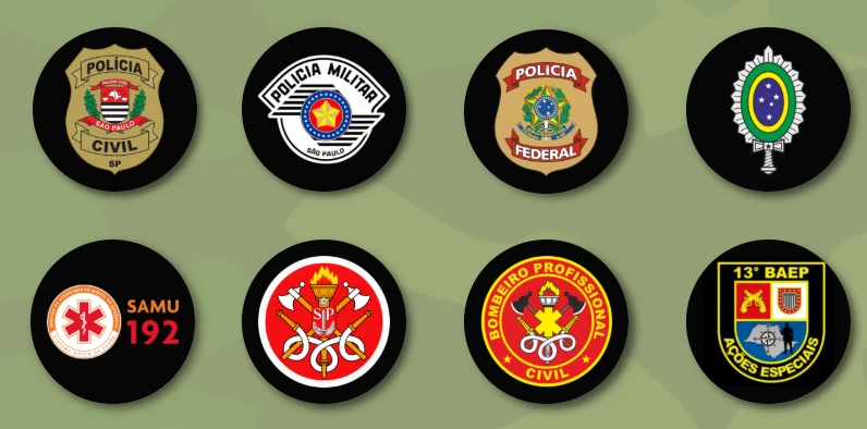 Conjunto de emblemas de corporações e serviços públicos fornecidos como referência visual